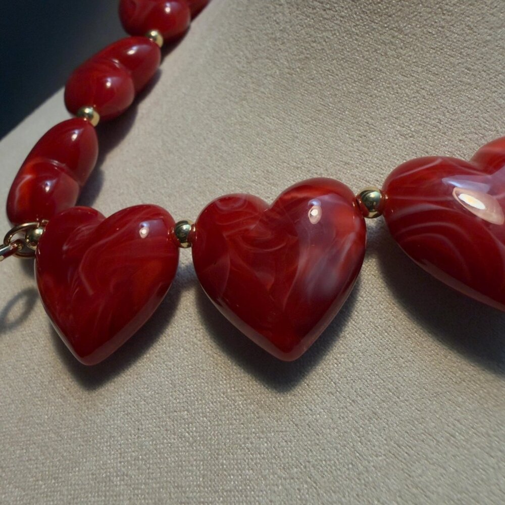 Cherry Necklace Red Heart Bead Statement Necklace Gold Tone Drop - Picture 10 of 11